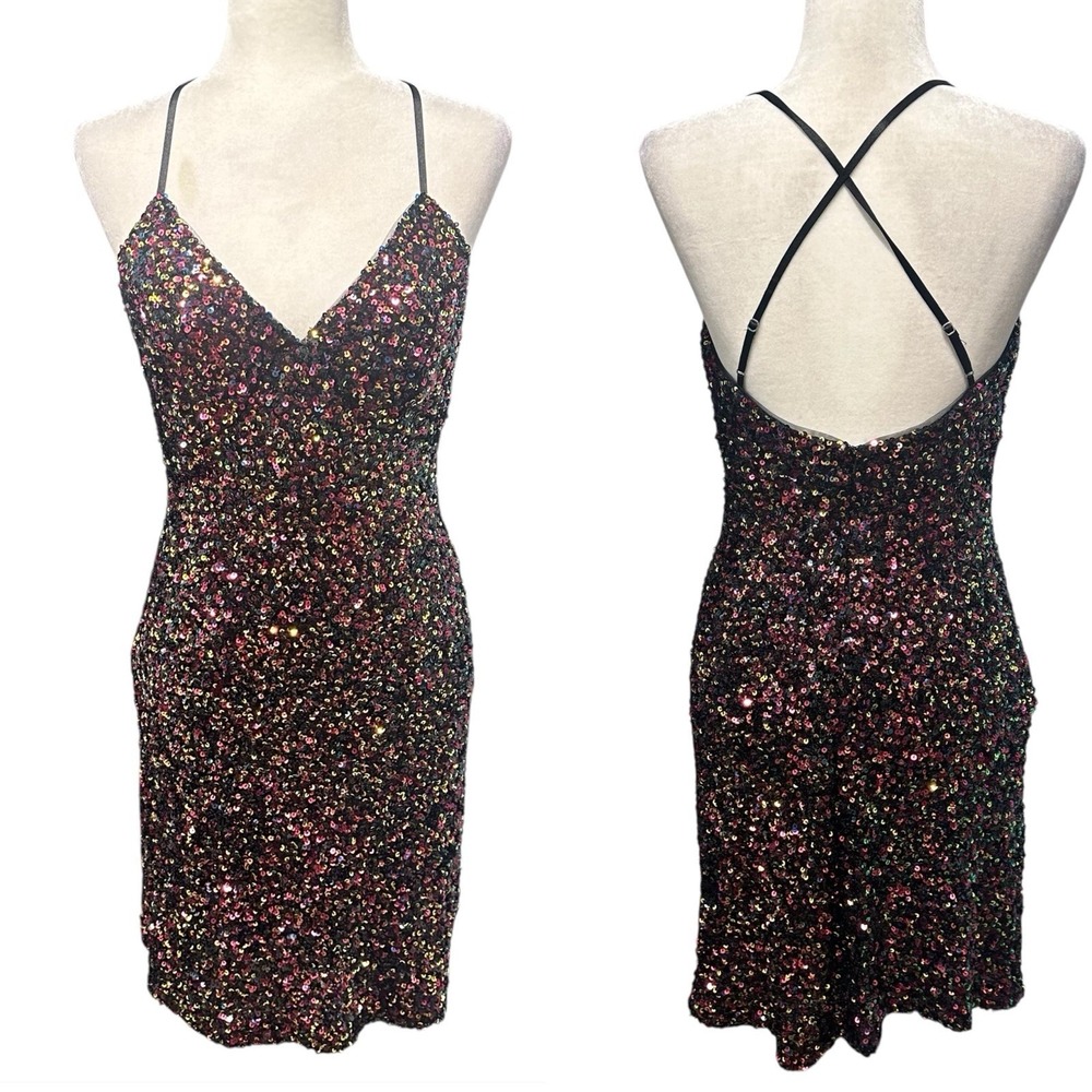 All Over Sequined Bedazzled V Neck Mini Dress Womens Sz 6 Sleeveless Disco Party